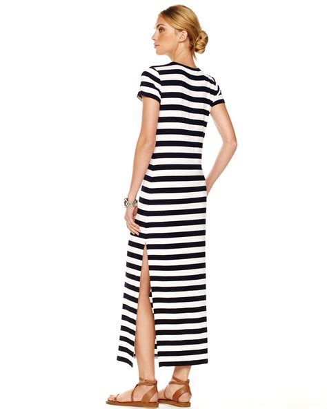 michael kors blue white stripe dress|Michael Kors white lace dress.